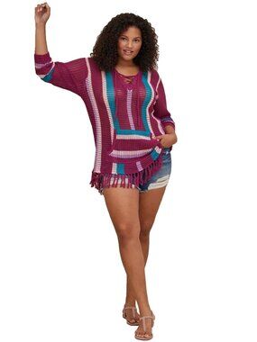 Torrid Open Stitch Pullover Fringe Hem Sweater Plus 3X Kangaroo Pocket Boho